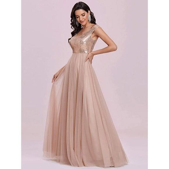 Womens V Neck Sequin Tulle A Line Evening Formal Dress Bridesmaid Rose Gold - Picture 2 of 7